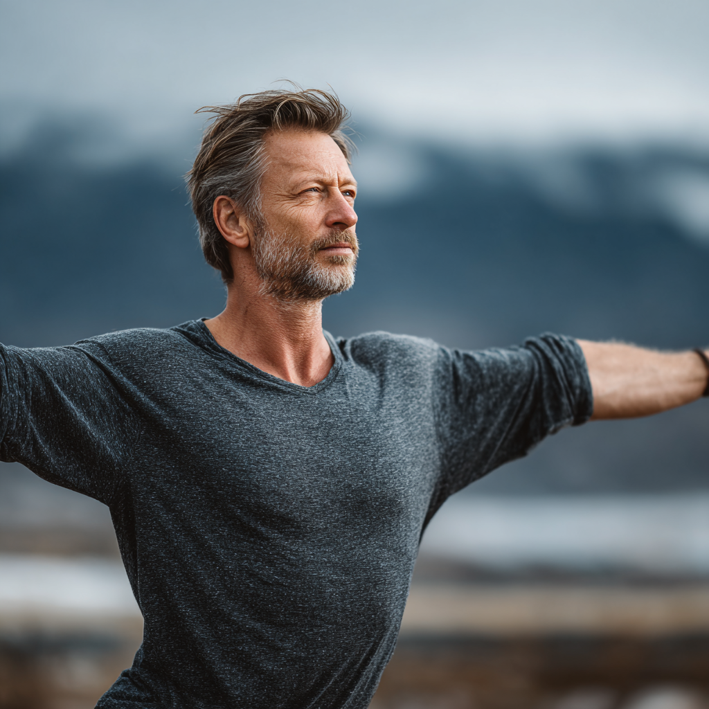 Confident mature man in his early fifties performing warrior pose during outdoor yoga session, displaying strength and balance with peaceful mountain landscape background, embodying serenity and physical wellness